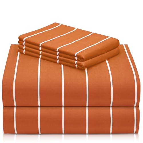 LuxClub 4 PC Sheet Set Bed Sheets Deep Pockets 16" Wrinkle Free Cooling Machine Washable Hotel Bedding Silky Soft - Striped-Autumn Orange California King
