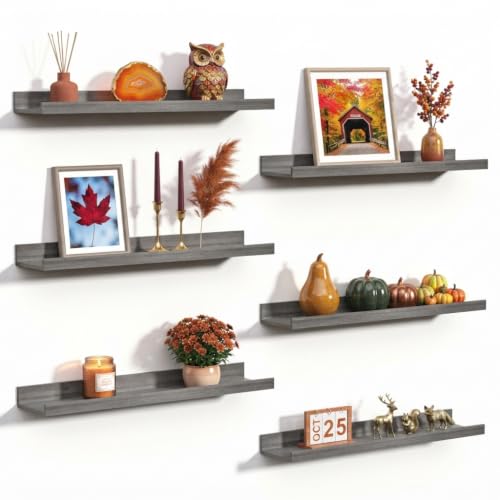 upsimples Floating Shelves for Wall, Wood Mounted Shelf Decor Storage Set of 6, for Bedroom, Living Room, Bathroom, Kitchen, 23.6 inch Long Picture Ledge, Grey