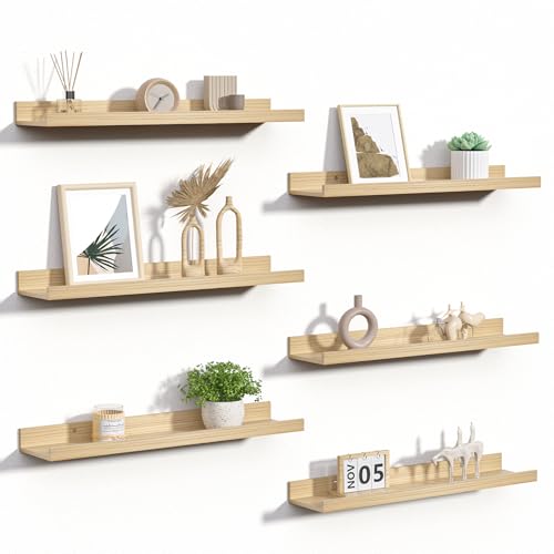 upsimples Floating Shelves for Wall, Wood Mounted Shelf Decor Storage Set of 6, for Bedroom, Living Room, Bathroom, Kitchen, 23.6 inch Long Picture Ledge, Natural