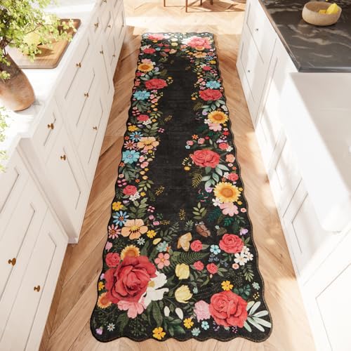 Hallway Rug 2'6''x10' Long Washable Floral Hallway Runner Rug Boho Vintage Low Pile Carpet for Entryway, Laundry Room High Traffic Areas, Indoor Rug for Bathroom (Black