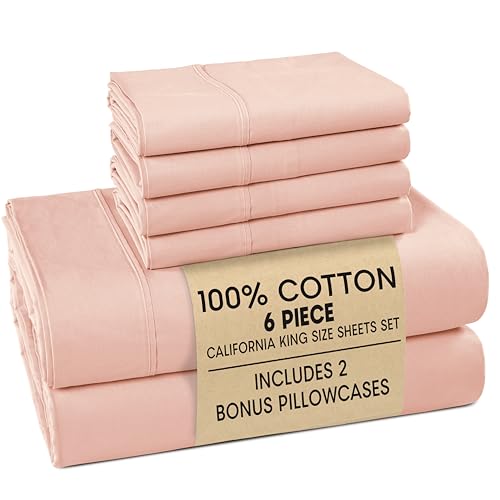 Casa Platino 100% Cotton Cal King Size Sheets Set  6 Piece Crisp Percale Cal King Size Cooling Sheets, Lightweight for Summer, with 15" Deep Pocket Fitted Sheet, Comfortable Sleep  Veiled Rose