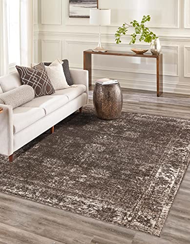 Unique Loom Sofia Collection Area Rug & Pad - Casino Bundle (5' 3" x 8' Rectangle Brown/Ivory)