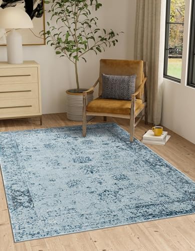 Unique Loom Sofia Collection Area Rug & Pad - Casino Bundle (5' 3" x 8' Rectangle Light Blue/Ivory)