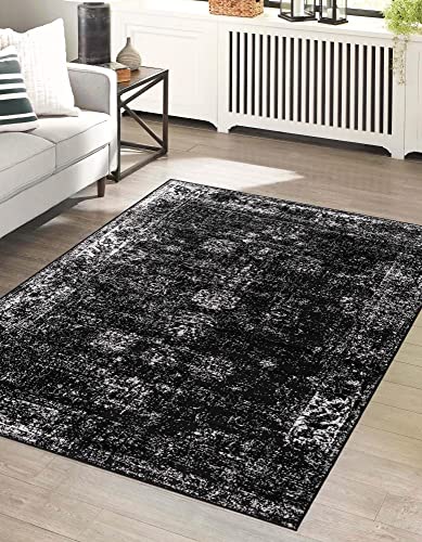 Unique Loom Sofia Collection Area Rug & Pad - Casino Bundle (5' 3" x 8' Rectangle Black/Ivory)