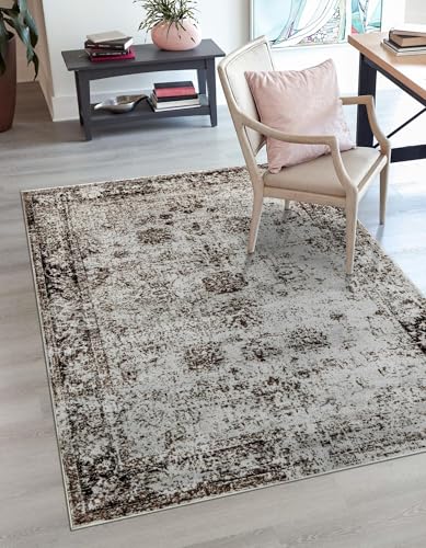 Unique Loom Sofia Collection Area Rug & Pad - Casino Bundle (5' 3" x 8' Rectangle Beige/Tan)