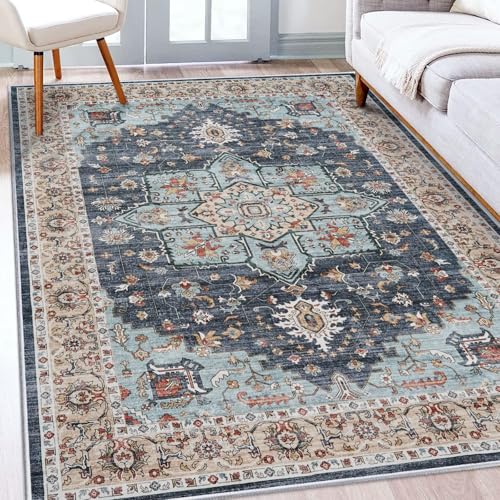 Washable Oriental Area Rug - 5x8 Rugs for Living Room Soft Carpet for Bedroom Waterproof Floral Distressed Indoor Stain Resistant Non-Shedding Floor Carpets (Blue/Teal/Orange, 5x8)