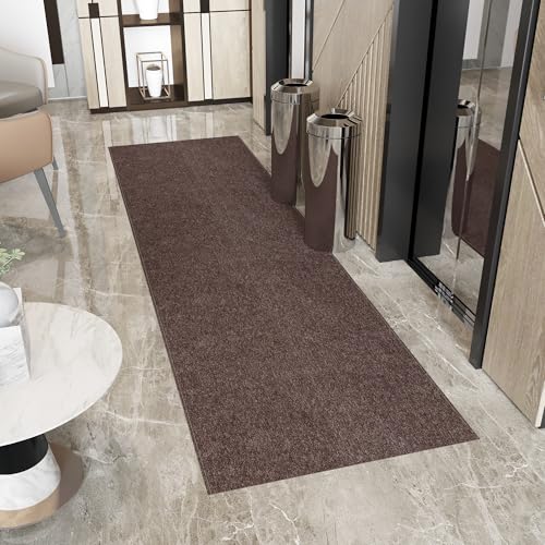 Ottomanson 2'7" x 21' Ultra-Thin Hallway Runner Rug - Durable Non-Slip Carpet for High-Traffic Areas - Fits Under Doors for Seamless Entry - Ideal for Kitchen, Entryway, Bedroom & Living Room, Brown
