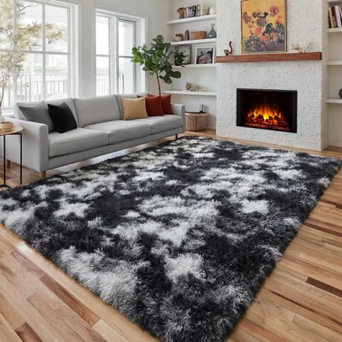 PAGISOFE Black White Rugs for Living Room 6x9, Shag Fuzzy Fluffy Washable Rugs for Bedroom Kids Room Playroom Dorm Shaggy Soft Carpet for Home Decor Aesthetic Plush Bedside Rug Modern Grey Rug