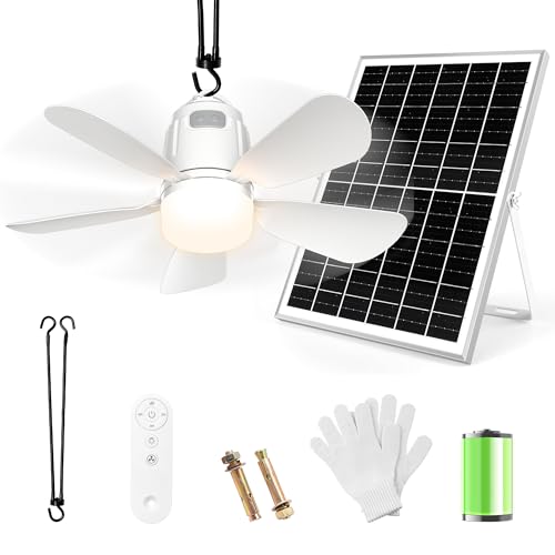 Solar Ceiling Fan Light, 20000mAh Portable Gazebo fan with 30W Solar Powered Fan with Remote Control, Outdoor Ceiling Fan with Light for Patios, Canopy, Shed, RV, Porch and Chicken Coop