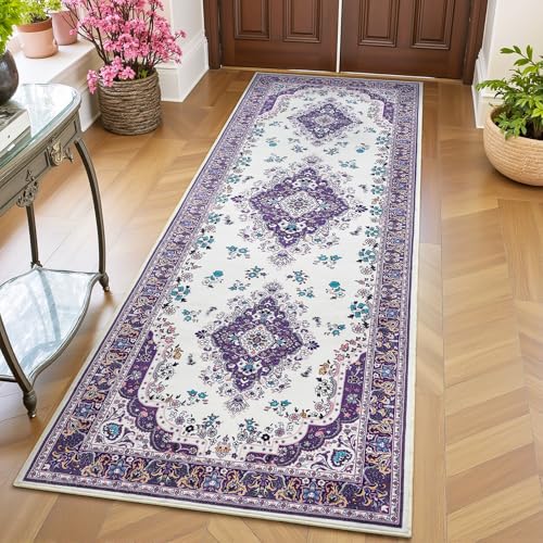 HOMORE Runner Rug 2.6x8 Hallway Runners Rugs for Entryway Non Slip Washable Bedroom Rug Lavender Faux Wool Floor Carpet Runner for Kitchen Indoor Front Entrance Laundry Living Room Dorm, Purple