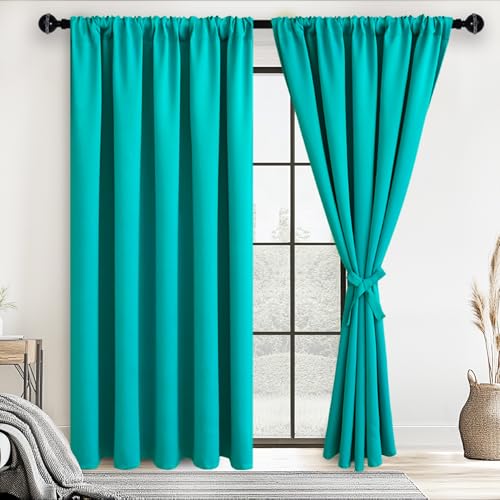 JIUZHEN Blackout Curtains for Bedroom - 60 Inch Extra Wide Thermal Insulated Room Darkening Privacy Soundproof Curtains for Living Room/Dorm Room, Set of 2 Panels, 60 x 84 inches,Peacock Blue