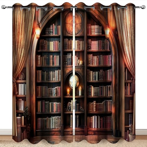 MissHope Vintage Bookshelf Blackout Curtains Book Bookcase Planet Decor for Bedroom Study Classroom Living Room Darkening Grommet Window Drapes 2 Panel Set, 42x63 Inch