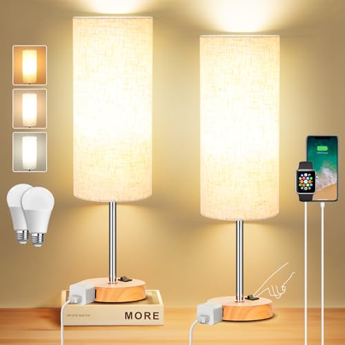 ZJOJO Table Lamp for Bedroom 2 Pack,18in Bedside Lamps with 3 Way Dimmable Rocker Switch & AC Outlet,Nightstand Desk Lamp with Flaxen Fabric Shade Woodgrain Base for Living Room Home Decor Lights