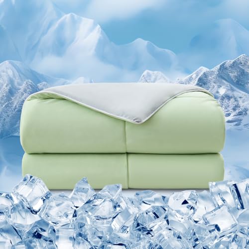 EMME Cooling Comforter Queen Size, Double Sided Cold Fabric Cooling Blanket for Hot Sleepers, Q-Max>0.45 Breathable Summer Quilt for Night Sweater, Lightweight Duvet Insert (Green,90 x 90)