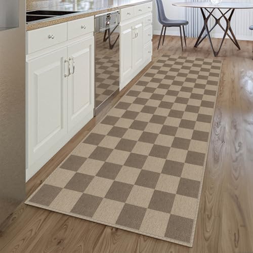 Easy Jute Checkered Runner Rug, 2.6x8 Brown Modern Washable Rugs Runner for Hallway Non-Slip Kitchen Runner Rug, Geometric Checkerboard Indoor Outdoor Carpet for Porch Laundry Entryway