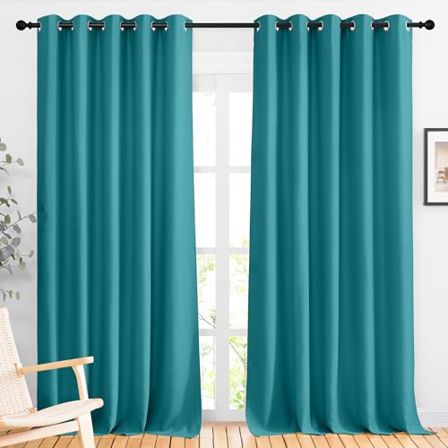NICETOWN Blackout Room Divider Curtains 118 inches Long 2 Panels, Grommet Sliding Door Curtains Solid Window Treatments Sound Reducing for Living Room, W66 x L118, Peacock Teal