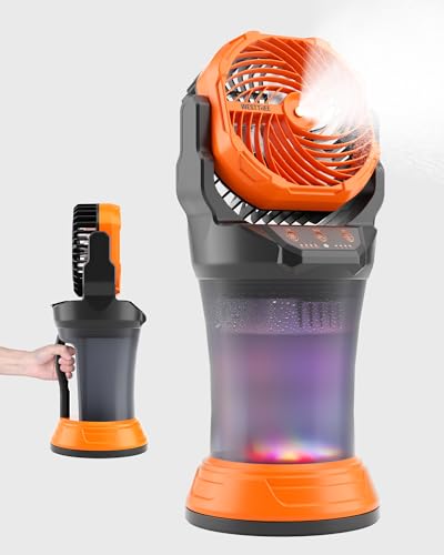 Portable Misting Fan with Large Battery Fan-Rechargeable Outdoor Misting Cooling Fans with 2L Water Tank,RGB Lights,4 Speeds & Spray Modes-for Patio, Camping, Beach, Workshop (X65 Orange)