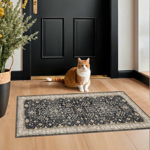 Black 2x4 Entryway Runner Rugs, Small Runners for Kitchen, Door Mat Indoor Entrance, Bathroom, Non-Slip Low-Pile Washable Stain Resistant, Vintage Ashen Charcoal Floral Decor