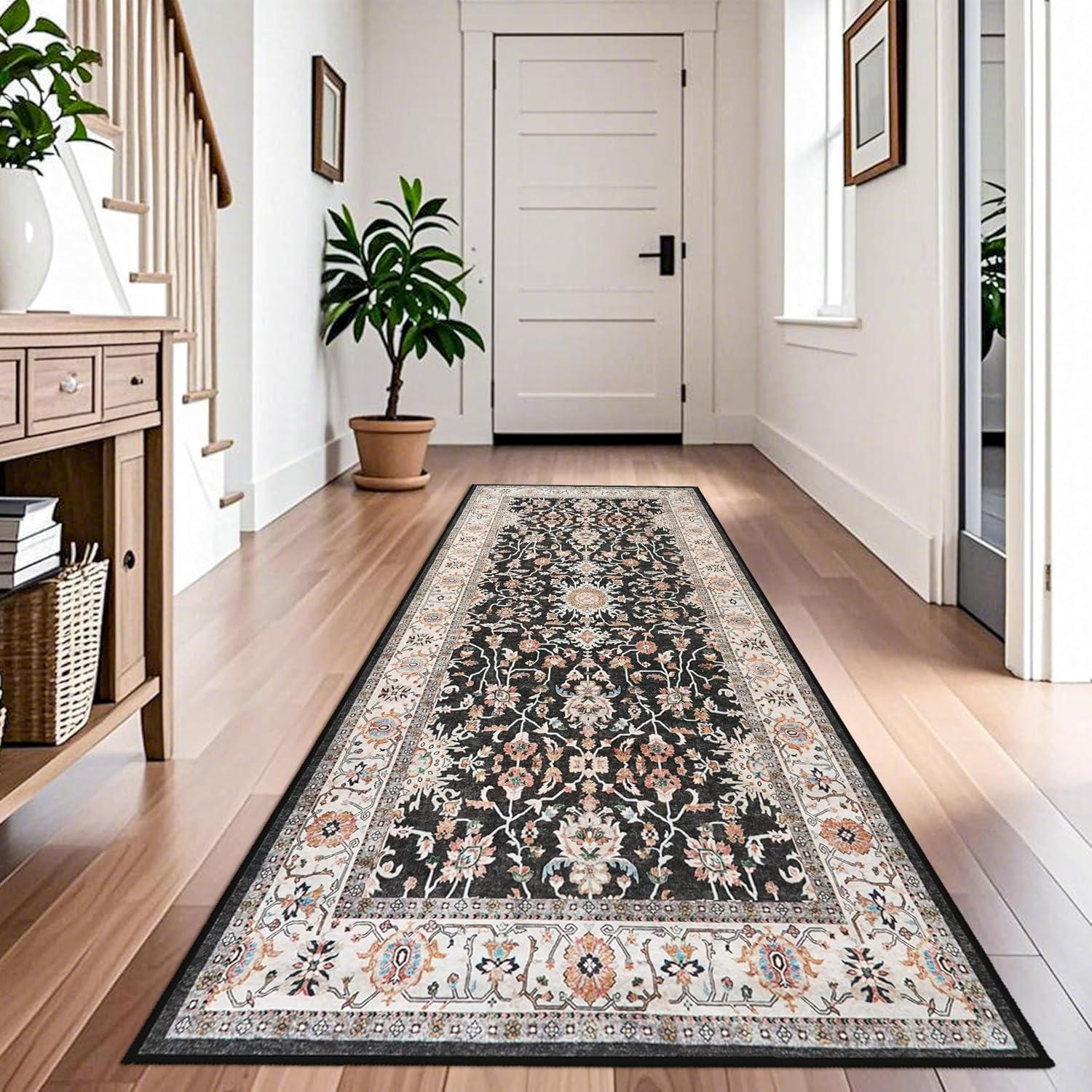Washable Runner Rug 4x8 - Hallway Runner Rug Kitchen Rugs and Mats Non Skid Washable Waterproof Carpet Runner for Living Room Bedroom Bathroom (Black, 4X8)