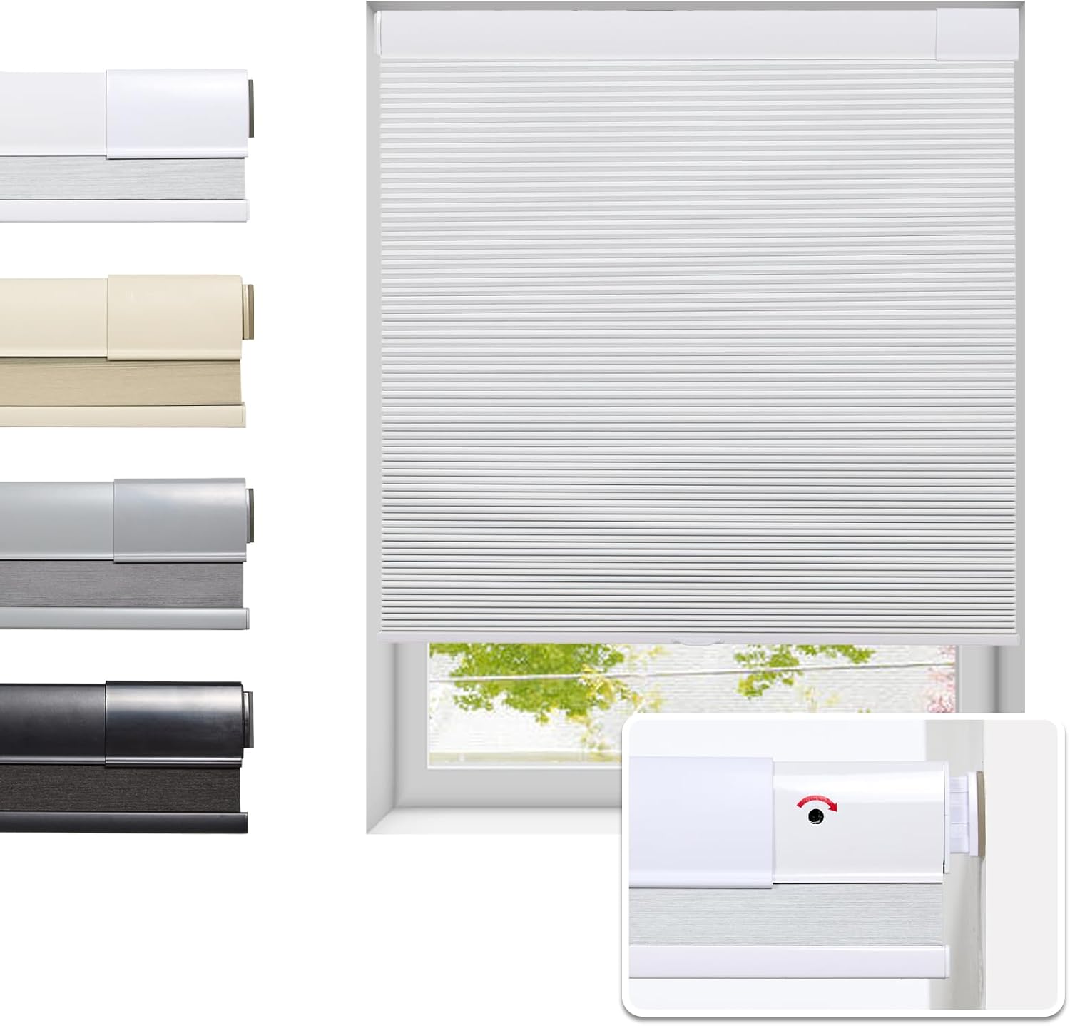 No Drill Cellular Shades for Indoor Windows, Thermal Insulating & Noise Reducing Honeycomb Blinds, Free Stop Cordless Blackout Shades, White, 34 1/2" W x 64" H