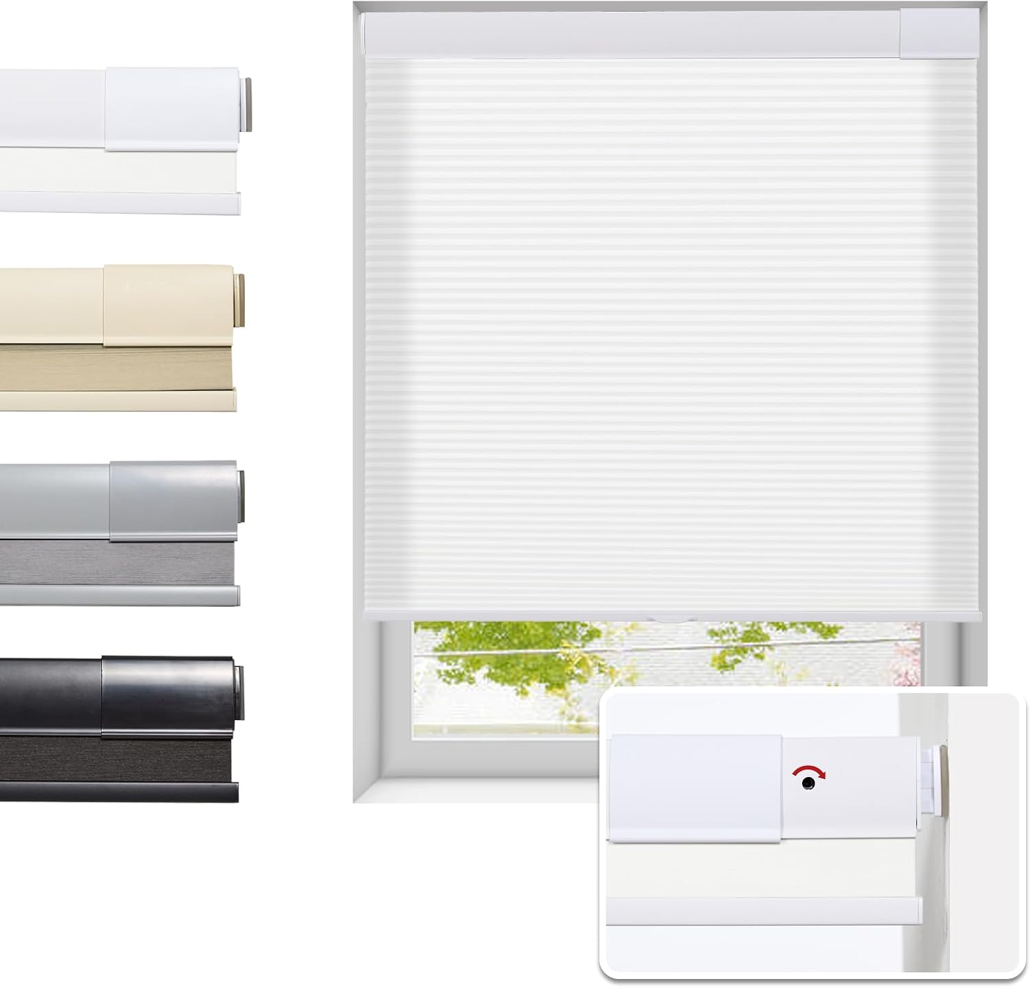No Drill Cellular Shades for Indoor Windows, Thermal Insulating & Noise Reducing Honeycomb Blinds, Cordless Free Stop Blinds Light Filtering, White, 25 1/2" W x 64" H