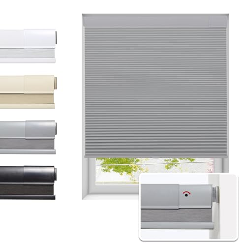 No Drill Cellular Shades for Indoor Windows, Thermal Insulating & Noise Reducing Honeycomb Blinds, Free Stop Cordless Blackout Shades, Grey, 33" W x 64" H