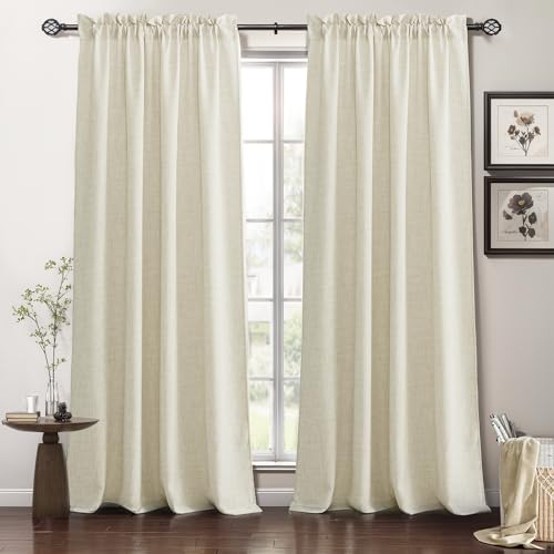 RYB HOME Living Room and Dining Room Curtains and Drapes Linen Sheer, Light Filtering Curtains 120 inches Long, Weave Textured/Rod Pocket, Cream Colored, W 52 x L 120 inches, 2 Panels Set