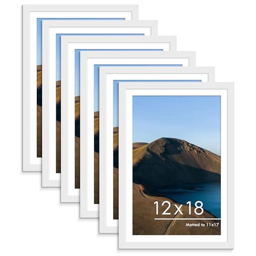 PEALSN 12x18 Picture Frame Set of 6, Display Pictures 11x17 with Mat or 12x18 without Mat for Wall Mounting Display, Photo Frames Collage for Wall Decor, White.