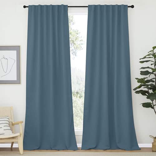 NICETOWN Bedroom Blackout Curtain Panels - (Smoky Blue Color) 52 x 120 inch, 2 PCs, Insulating Energy Saving Solid Rod Pocket Blackout Drapes for Hall, Villa