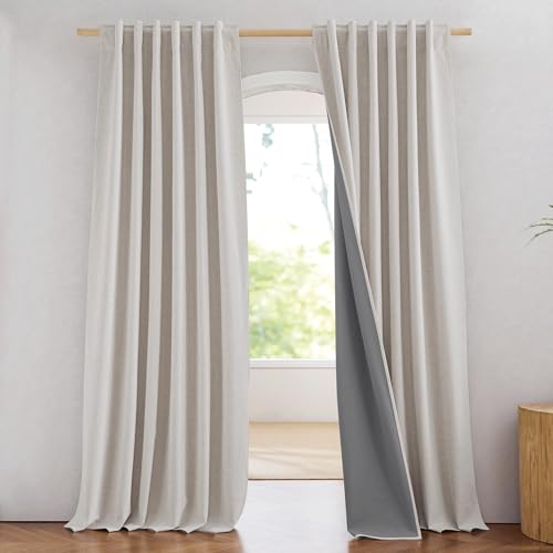 NICETOWN 100% Blackout Brich Linen Curtains for Dingning Room 90 inches Long, Thermal Insulated Window Treatments with Privacy Liner, 2 Panels, 52" W, Noise Reducing Blend Drapes for Living Room
