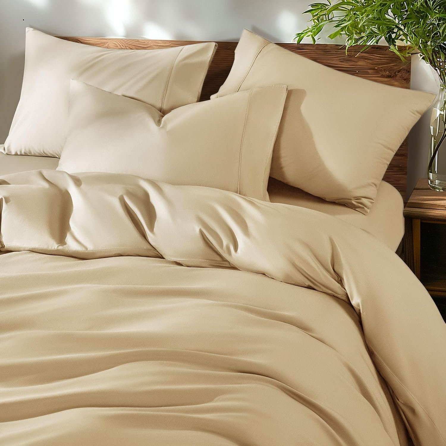 Shilucheng 100% Cotton Full Size Duvet Covers - 600 Thread Count, Luxury Sateen Weave Egyptian Cotton Comforter Cover with Zipper Closure & Corner Ties,Hotel Bedding Duvet Covers 3 Piece (Beige)