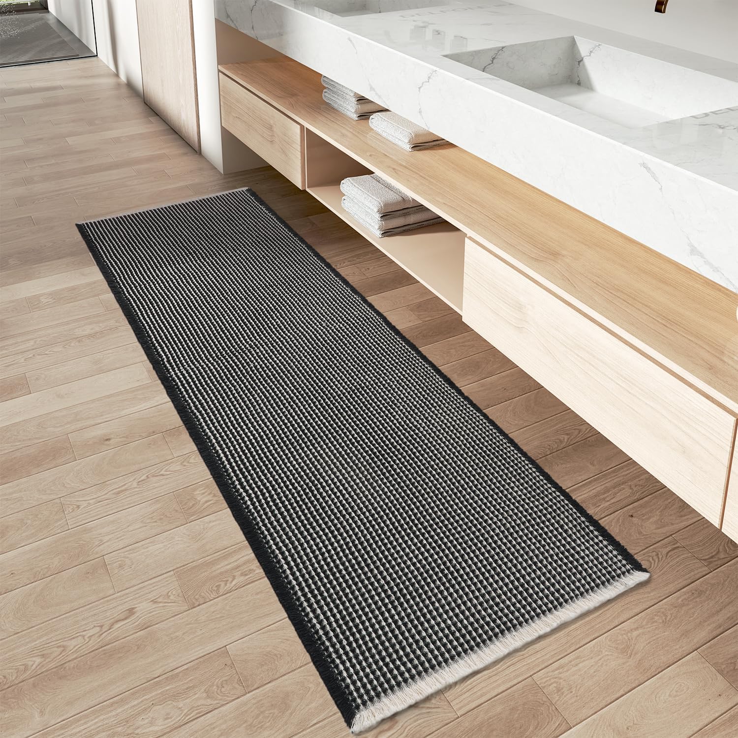 AMOAMI Upgraded Waffle Runner Rug Super Absorbent Non Slip Bath Mats for Bathroom Machine Washable Bathroom Runner Rug with Tassels, Ideal for Hallway Bedroom Laundry Room, 2' x 5', Black & Cream