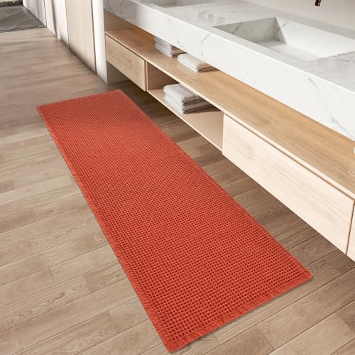AMOAMI Upgraded Waffle Runner Rug Super Absorbent Non Slip Bath Mats for Bathroom Machine Washable Bathroom Runner Rug with Tassels, Ideal for Hallway Bedroom Laundry Room, 2' x 5', Orange