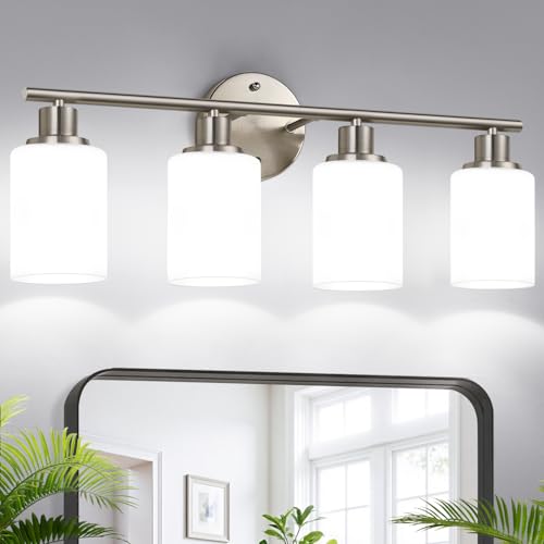 4-Light Bathroom Light Fixtures, Brushed Nickel Modern Vanity Lights with Milky White Frosted Glass Shades, Bathroom Wall Lamp for Mirror Kitchen Living Room
