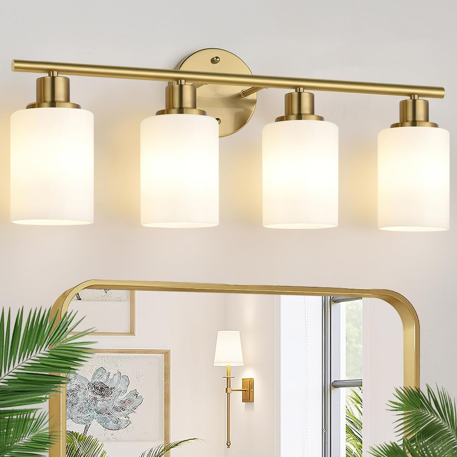 4-Light Bathroom Light Fixtures, Brushed Gold Modern Vanity Lights with Milky White Frosted Glass Shades, Bathroom Wall Lamp for Mirror Kitchen Living Room