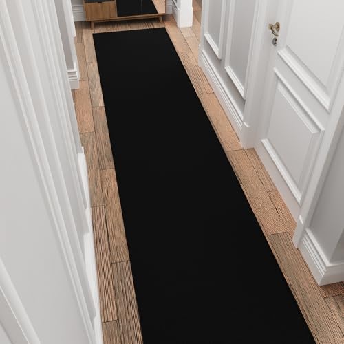 Ottomanson 3x46 Non Slip Extra Long Hallway Runner Rug with Rubber Backing - Solid Modern Kitchen Rug for Bedroom or Living Room, Black, 2'7" x 46'