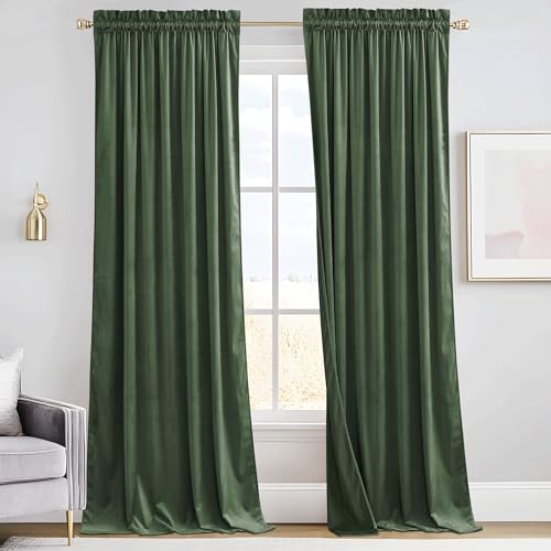 RYB HOME Elegant Green Velvet Curtains 84 inches Long, Light Blocking, Thermal Insulated, Rod Pocket Stylish Velvet Drapes for Cozy Home Aesthetics, 52" W x L102 L, 2 Panels Set