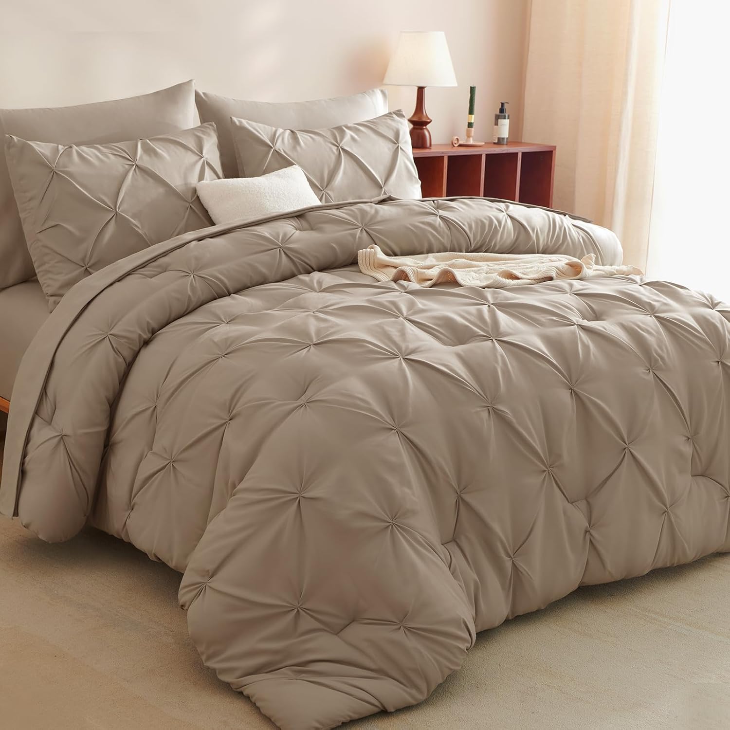 CozyLux Queen Comforter Set Khaki, 7 Pieces Pintuck Bed in A Bag, Premium Khaki Comforter Queen Size, Pinch Pleat Bedding Sets with Comforter, Sheets, Pillowcases & Shams