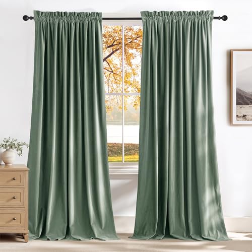 NICETOWN Green Velvet Curtains 96 inches Long 2 Panels - Blackout Drapes for Bedroom and Living Room Silky Touch Room Darkening and Sound Dampening for Office, Dorm, Seafoam Green, 52 x 96