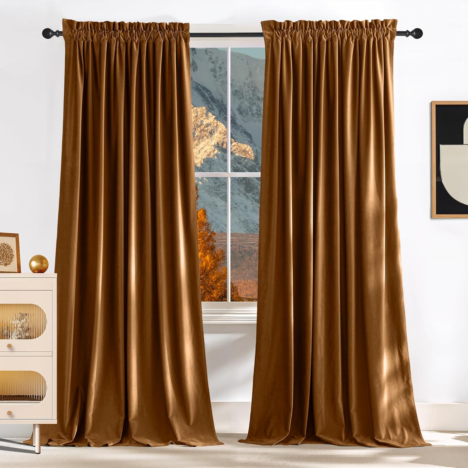 NICETOWN Fall Velvet Curtains 96 inch Long 2 Panels - Warm Bronze Blackout Drapes for Living Room Luxury Thermal Insulated Extra Long Window Treatments for Large Sliding Door, W52 x L96