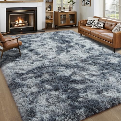 Noahas Large Fluffy 8x10 Area Rugs for Living Room Bedroom,Tie-Dyed Blue and Grey Thick Shag Throw Rug,Big Soft Shaggy Bedside Non-Slip Plush Dorm Nursery Kids Carpet
