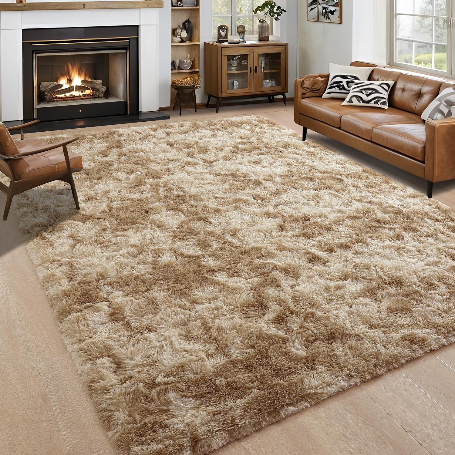 Noahas Large Fluffy 5x8 Area Rugs for Living Room Bedroom,Tie-Dyed Beige Thick Shag Throw Rug,Big Soft Shaggy Bedside Non-Slip Plush Dorm Nursery Kids Carpet