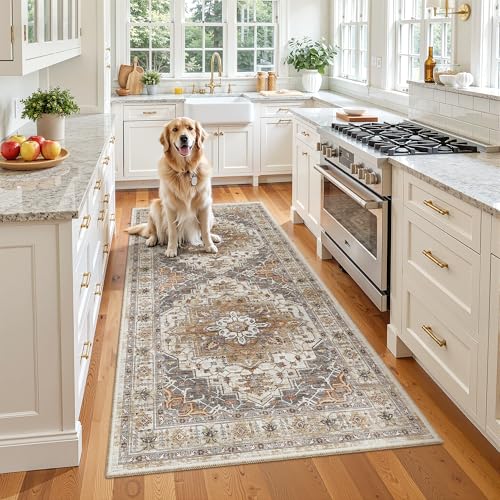 Madane Hallway Runner Rug 3x6 - Washable Kitchen Rugs Entryway Rug Runner Vintage Soft Floor Mat Non Slip Indoor Farmhouse Carpet for Bathroom Living Room Bedroom (3 X 6, Turmeric/Grey)