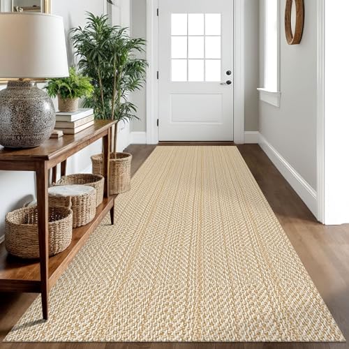 IOHOUZE Washable Runner Rug 3x10 Non Slip Rubber Backed Long Hallway Runner Entryway Runner Indoor, Kitchen Rugs Woven Cotton Floor Carpet for Hall Entrance, Warm Beige/Orange/Apricot