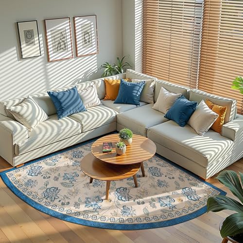 jinchan Floral Corner Rug for Kitchen Washable Nursery Rug Vintage Romance Design Non Slip Quarter Circle Lightweight Low-Pile Throw Carpet for Playroom Reading Nook Office, 5ft Radius, Blue/Beige