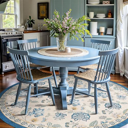 jinchan 7ft Floral Round Rug for Dining Room Washable Living Room Rug Vintage Romance Design Non Slip Indoor Floor Cover Lightweight Low-Profile Throw Carpet for Bedroom Porch Patio, Blue/Beige