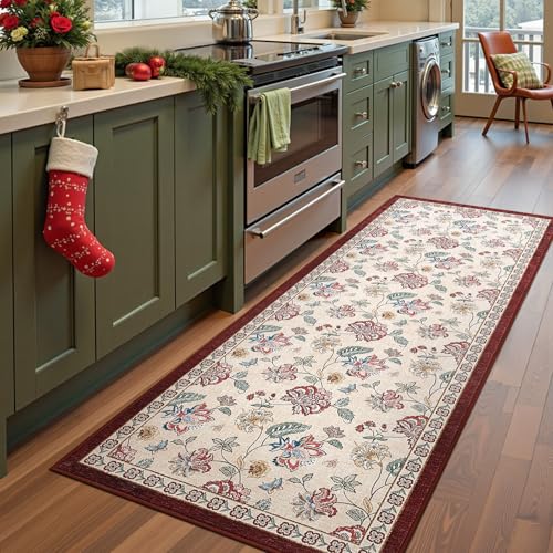 jinchan 3x8 Floral Runner Rug (Red/Beige)