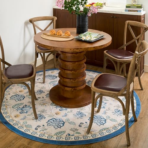 jinchan 6ft Floral Round Rug for Dining Room Washable Living Room Rug Vintage Romance Design Non Slip Indoor Floor Cover Lightweight Low-Profile Throw Carpet for Bedroom Porch Patio, Blue/Beige