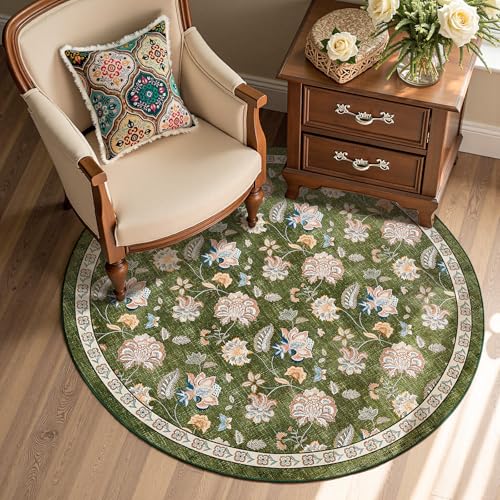 jinchan 4ft Floral Round Rug for Entryway Washable Kitchen Rug Vintage Romance Design Non Slip Indoor Doormat Lightweight Low-Profile Throw Carpet for Living Room Dining Room Bedroom, Green