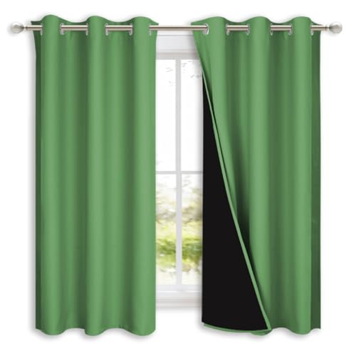 NICETOWN 100% Blackout Short Curtains with Black Liners, 2 Panels, 37" W by 63" L, Forest Green, Solid Thermal Insulated Full Blackout 2-Layer Lined Drapes, Energy Efficiency Window Drapes for Bedroom